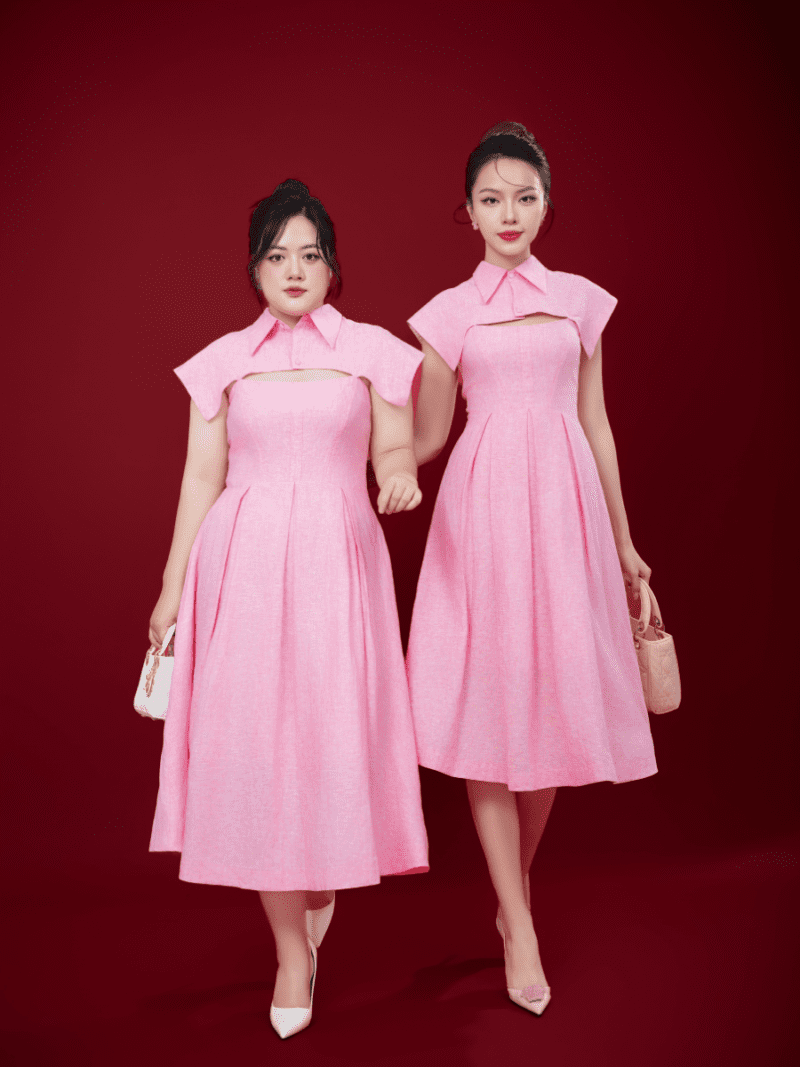 Tailored Pink shirt collar flared dress